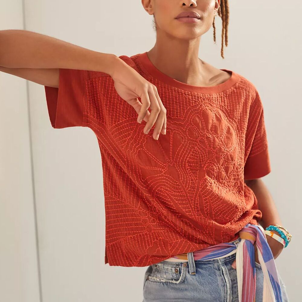 Anthropologie Embroidered Tshirt contrast floral womens Red xsmall contemporary